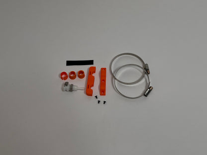 all motorsport drink unit car side connector holder parts included in the kit showing mounting hardware, lower and upper of the connector holder, dry break water fitting and roll cage mounts on a light gray background