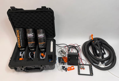 Full Motorsport hydration kit for drinking during endurance racing with quick driver changes showing everything included in the kit, showing a hard case opened up with foam in it with 3 quick change insulated bottles in the case, 3 driver side kits, cleaning tabs and extra accesories. on the side is the motorsport hydration pump unit, tubing with insulation, bottle holder, cables, connectors, mounting hardware and roll cage mounts on a white background
