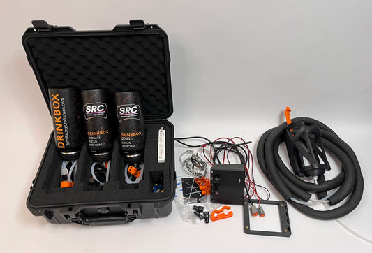 Full Motorsport hydration kit for drinking during endurance racing with quick driver changes showing everything included in the kit, showing a hard case opened up with foam in it with 3 quick change insulated bottles in the case, 3 driver side kits, cleaning tabs and extra accesories. on the side is the motorsport hydration pump unit, tubing with insulation, bottle holder, cables, connectors, mounting hardware and roll cage mounts on a white background