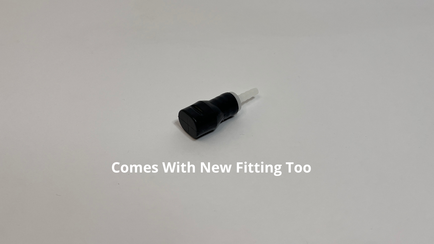 one black silicone bite valve with fitting in it, shown on a plain light gray background with the text 'Comes With New Fitting Too' below it.
