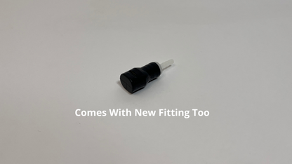 one black silicone bite valve with fitting in it, shown on a plain light gray background with the text 'Comes With New Fitting Too' below it.