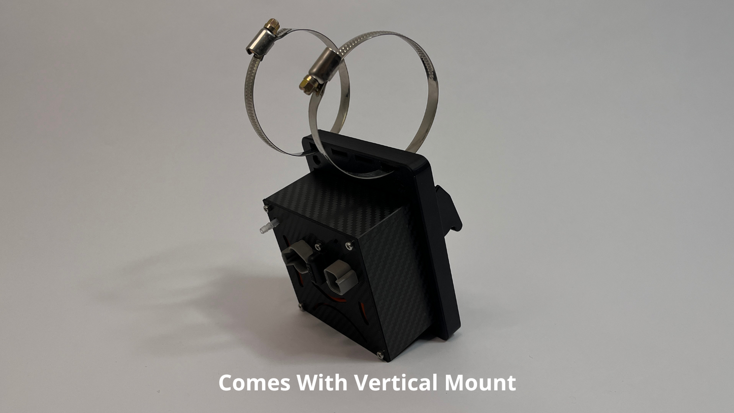 rear side of race car drink system pump unit  showing a black carbon fiber unit with 2 Deutsch connectors on the rear with 2 roll cage mounts on the top to mount vertically on a light gray background