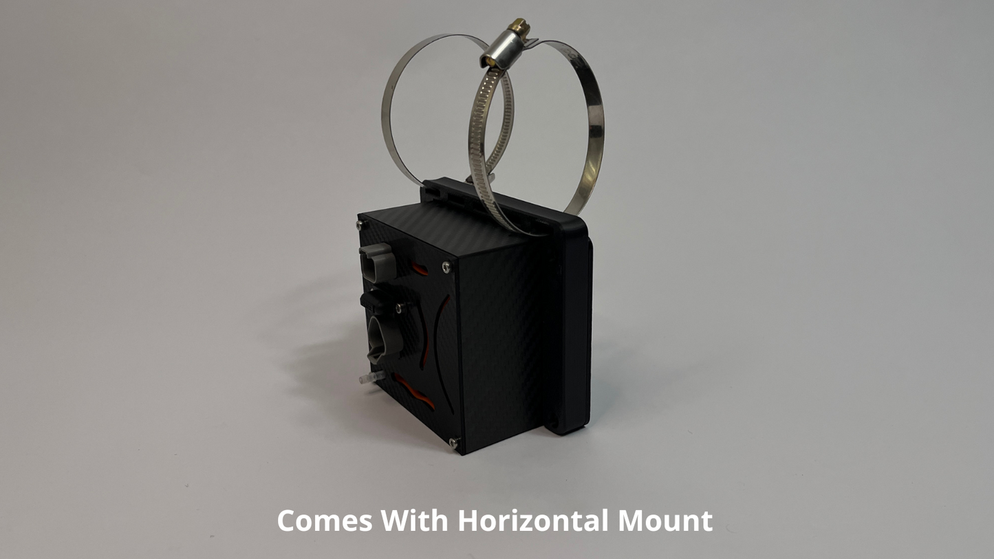 rear side of motorsport hydration pump unit showing a black carbon fiber unit with 2 Deutsch connectors on the rear with 2 roll cage mounts on the top to mount horizontally on a light gray background
