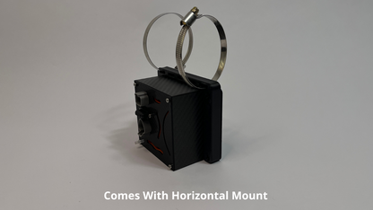 rear side of motorsport hydration pump unit showing a black carbon fiber unit with 2 Deutsch connectors on the rear with 2 roll cage mounts on the top to mount horizontally on a light gray background