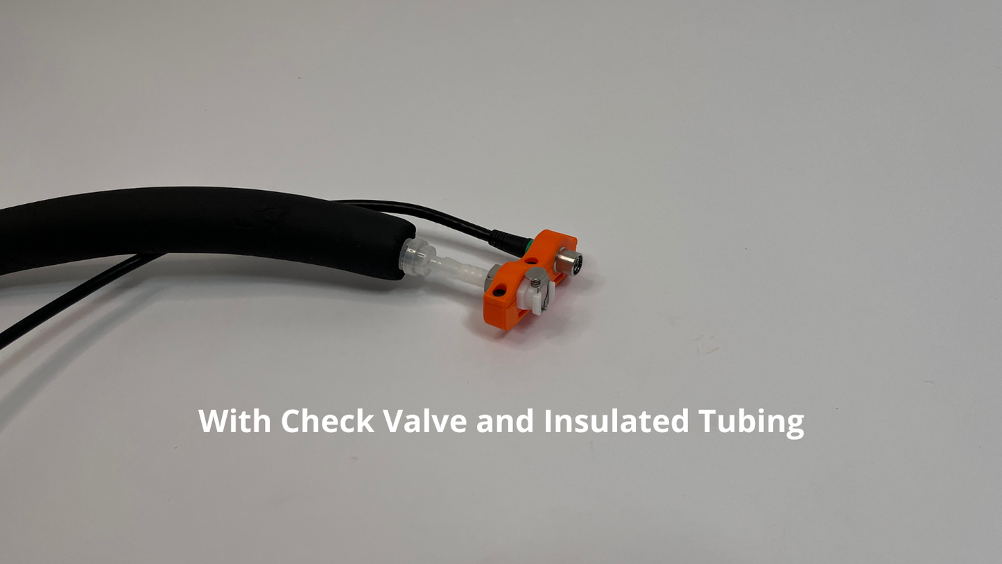orange car side motorsport hydration connector holder with radio plug and insulated tubing connected to it on light gray background