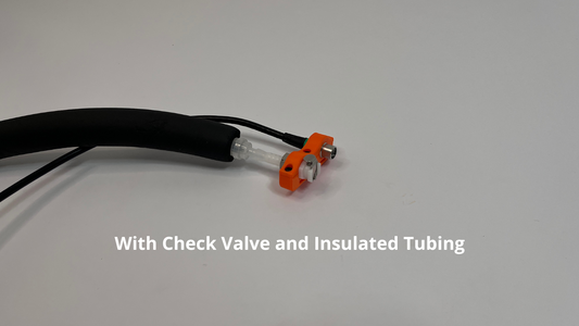 orange car side motorsport hydration connector holder with radio plug and insulated tubing connected to it on light gray background
